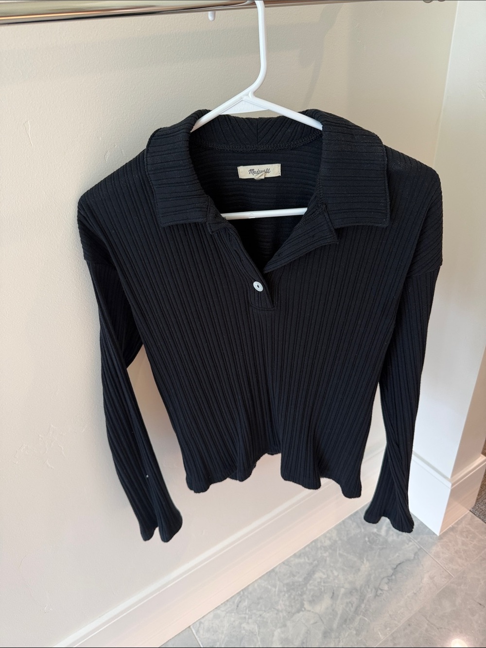 Madewell Black Ribbed Collared Long-Sleeve Top
